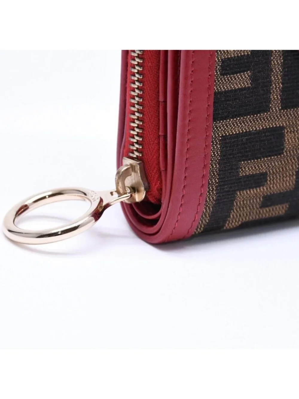 Fendi Compact Wallet Bifold Zucca Pattern Canvas Leather Brown Red Gold